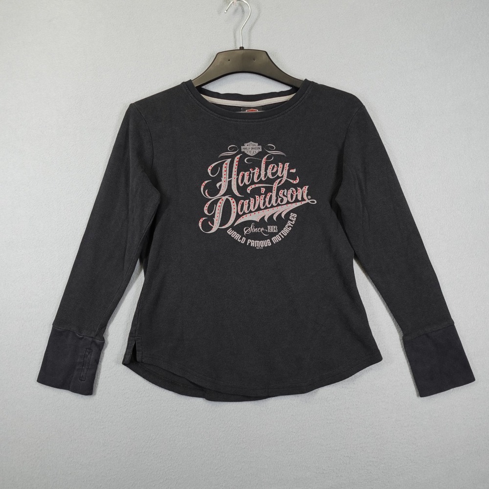 Harley Davidson Shirt Womens S Black Long Sleeve Waffle Knit Thermal Rhinestone